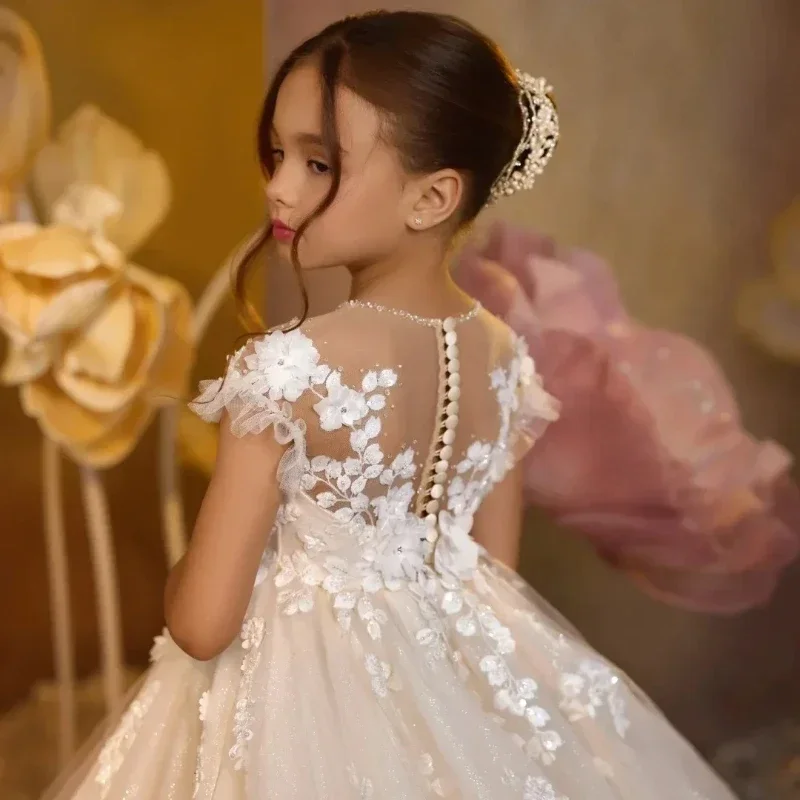 2025 Girls Flower Girl Wedding Dress Royal Lace Princess Gown Birthday Ball Floor Length Long Train Performance