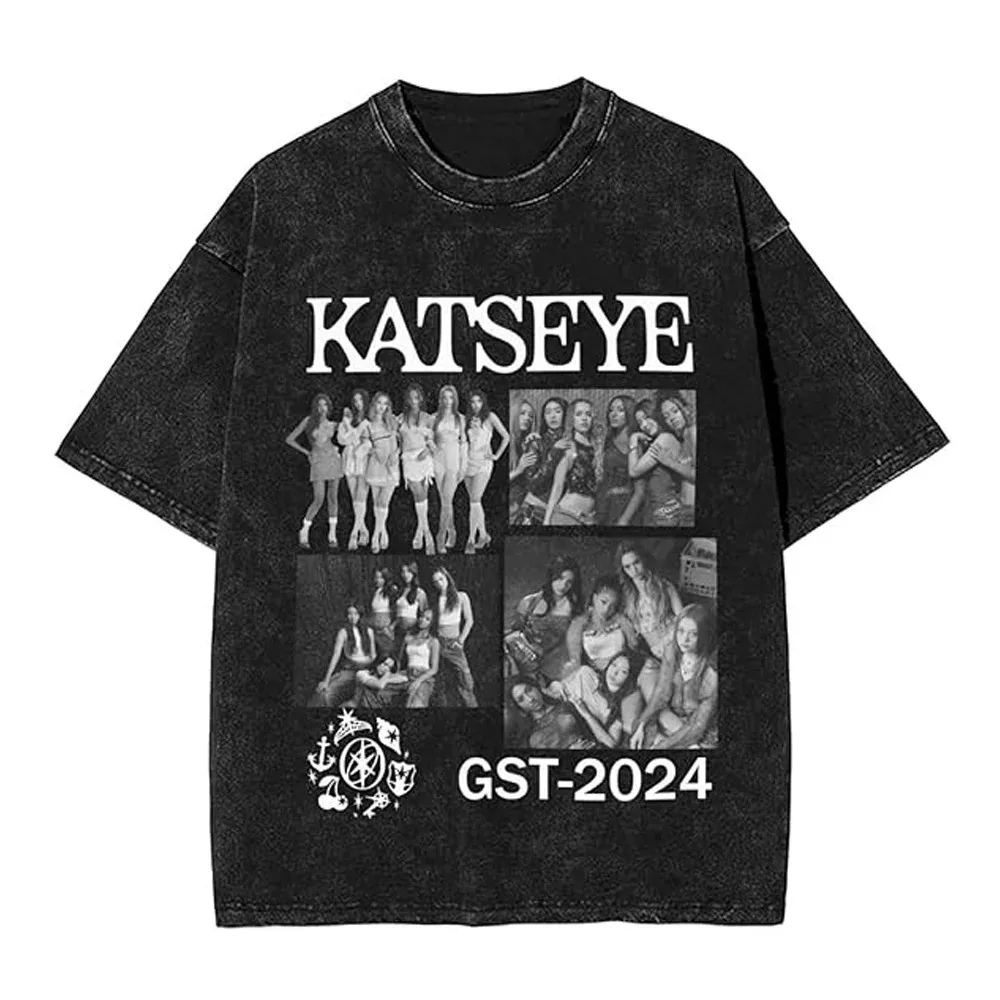 

Vintage Washed Black Katseye Oversized T-Shirt – Front Purple Stylized "KATSEYE" Text + 6-Member Portrait Grid Graphics