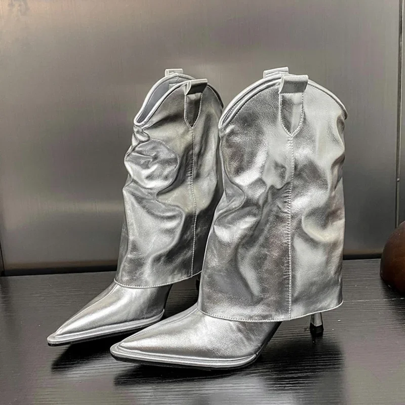 Eilyken Mode Goud Zilver Geplooide Puntschoen Enkellaarsjes Vrouwen Dunne Hakken Schoenen Dames Korte Mid-Kalf Booties Zapatos de Muje