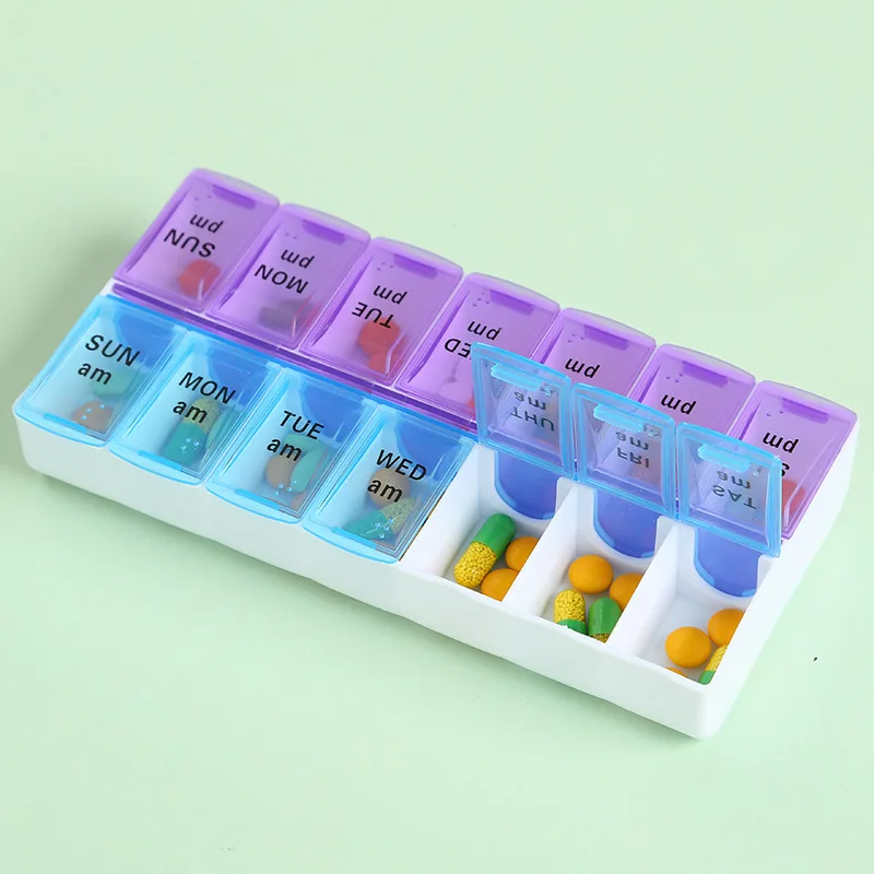 FTOYIN 14Grids 7 Days Weekly Pill Case Medicine Tablet Dispenser Organizer Pill Box Splitters Pill Storage Organizer Container