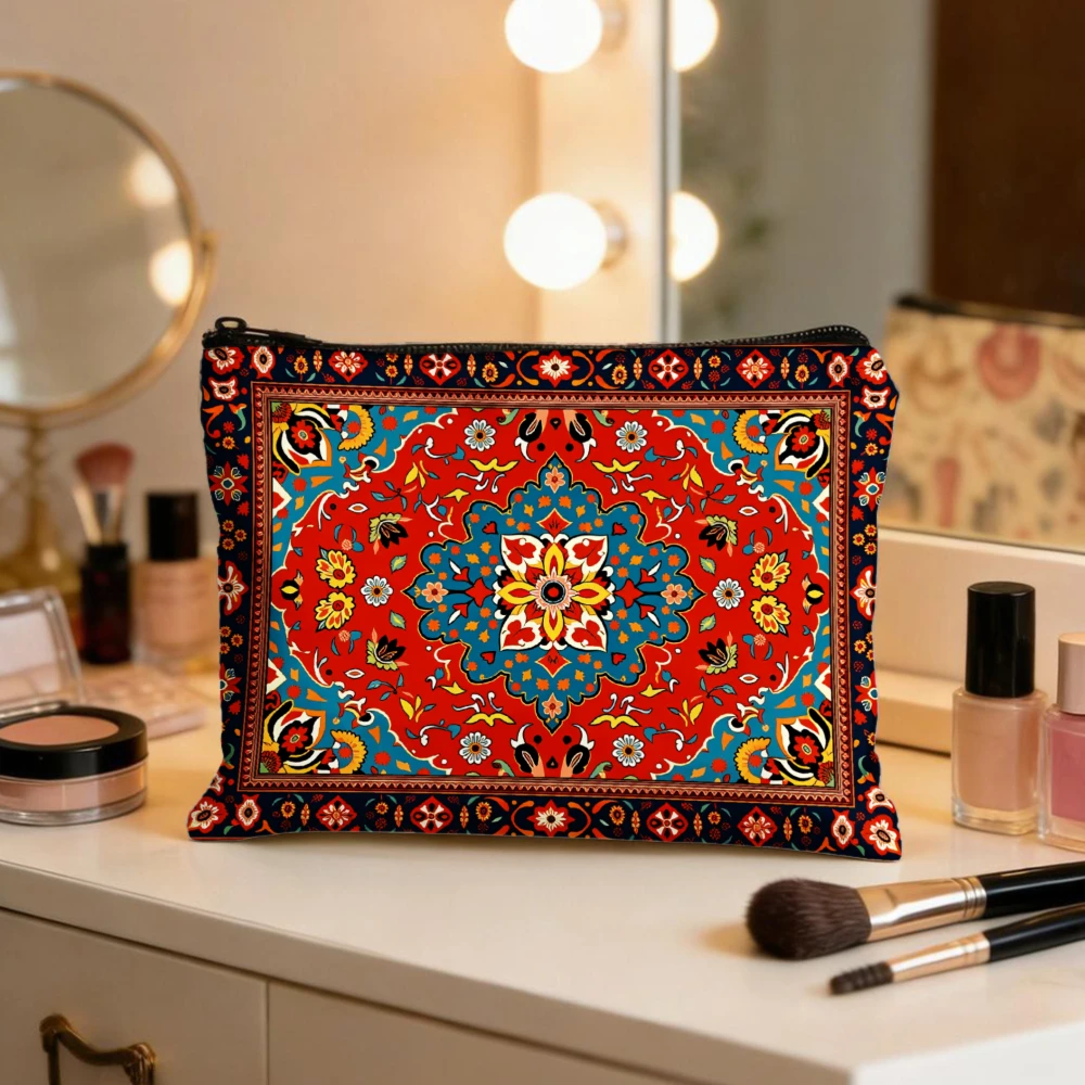 Red Blue Floral Mandala Pattern Makeup Bags for Girls Cosmetic Pouch Toiletry Bag Pencil Case Travel Storage