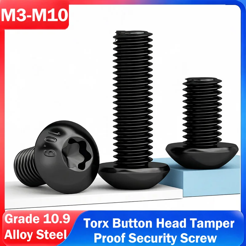 Black Grade 10.9 Alloy Steel M3 M4 M5 M6 M8 M10 Torx Button Head Tamper Proof Security Screw Six Lobe Torx Pan Round Head Bolt