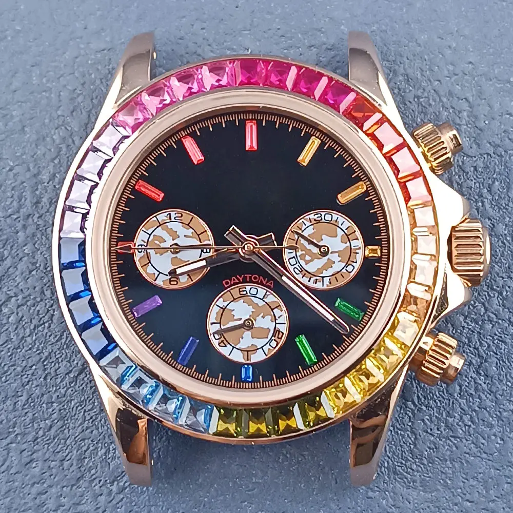 40mm VK63 movement 10barfa water case 316L Stainless steel sapphire glass case Colored diamond bezel close back cover