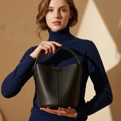 HIFASHION Cowhide Genuine Leather Bucket Shoulder Bags For Women 2026 Top Handle Crossbody Purses Daily Work Mini Tote Handbags