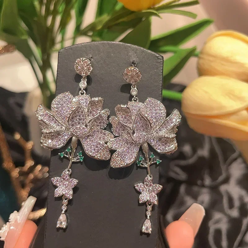 

Big Flower Dangle Earrings Wedding Bridal Evening Party Classy Jewelry Shiny Zircon Women Statement Earrings Lotus Flower