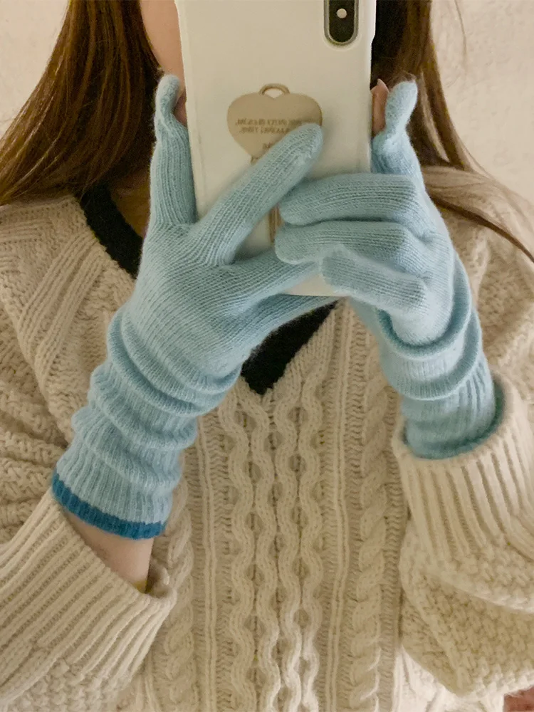 Korean Style Color Block Woolen Knitted Gloves for Women Winter Outdoor Cycling Warm Cold Proof Extended Length Touch Screen ...