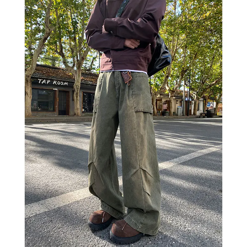 

Trendy Waed Workwear Long Pants Men's Spring Autumn American Sle Casual Wide Leg Pants Comfortable Cotton Daily Wear