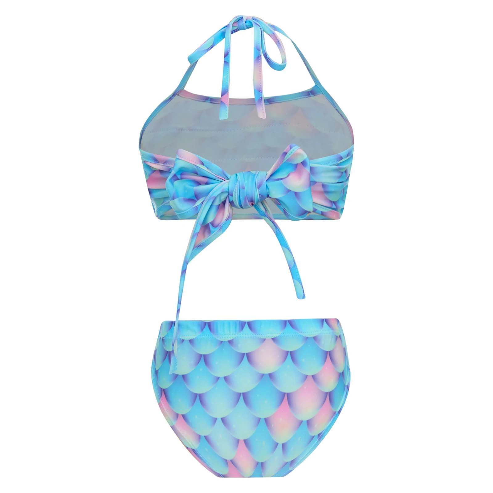 2Pcs Kids Girls Swimwear Fish Scales Print Mermaid Swimsuit Bathing Suit Halter Neck Swim Crop Top with Briefs Set Beachwear