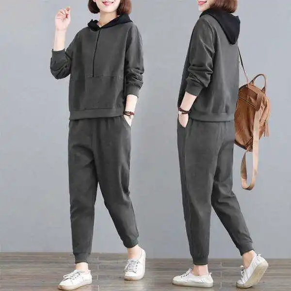 

Women's Casual Sportswear Set Fleece Lined Loose Fit Two Piece Suite Midlife Mom High Waist Long Pants Hoodie Sweatshirt
