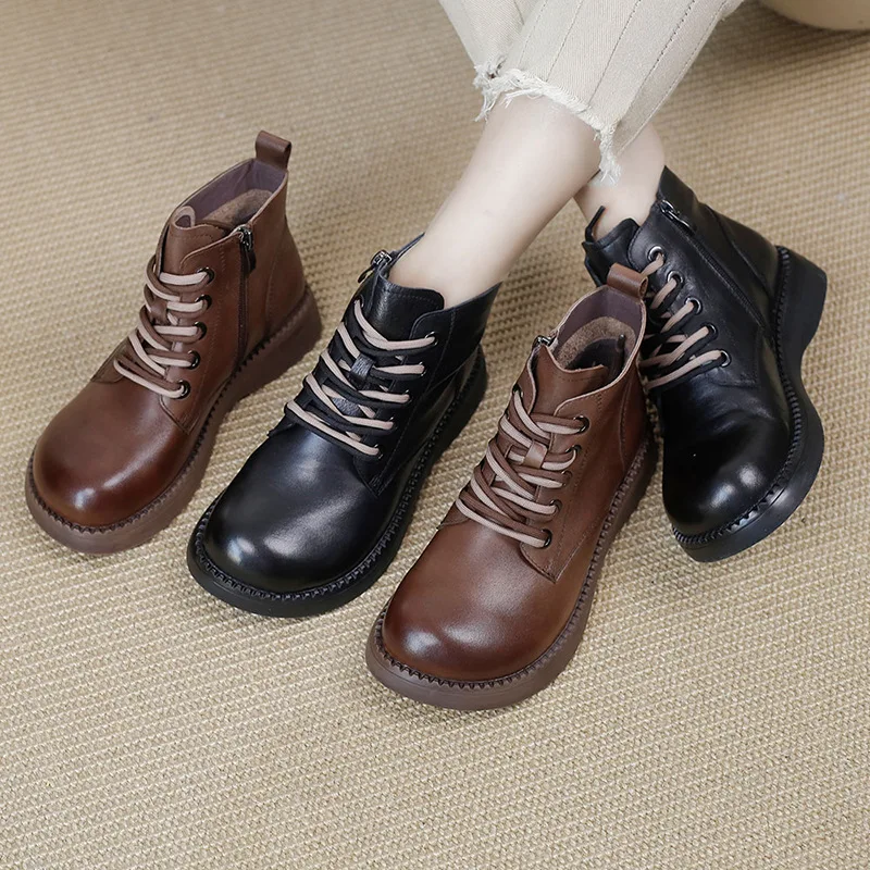 Careaymade-100% Genuine leather Women's boots Casual Boots Short Boots Round Head Thick Bottom Lace up wide version Women Boots