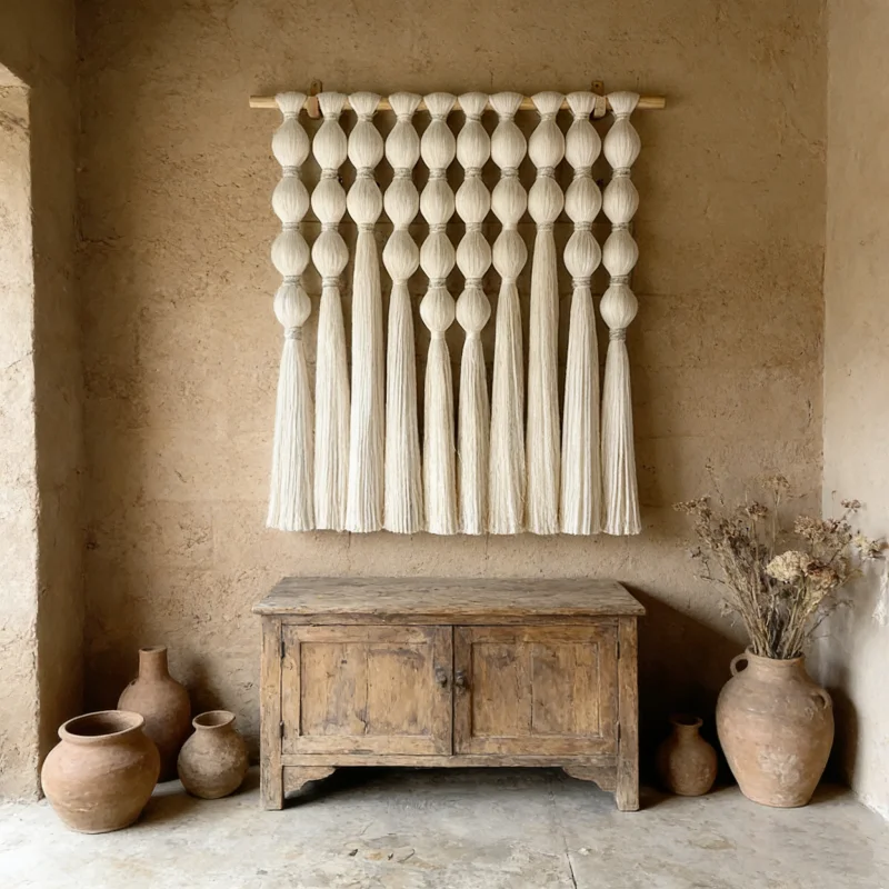 

Minimalist Macrame Wall Hanging with Large Tassels Hand Woven Cream Boho Wall Decor for Living Room Entryway