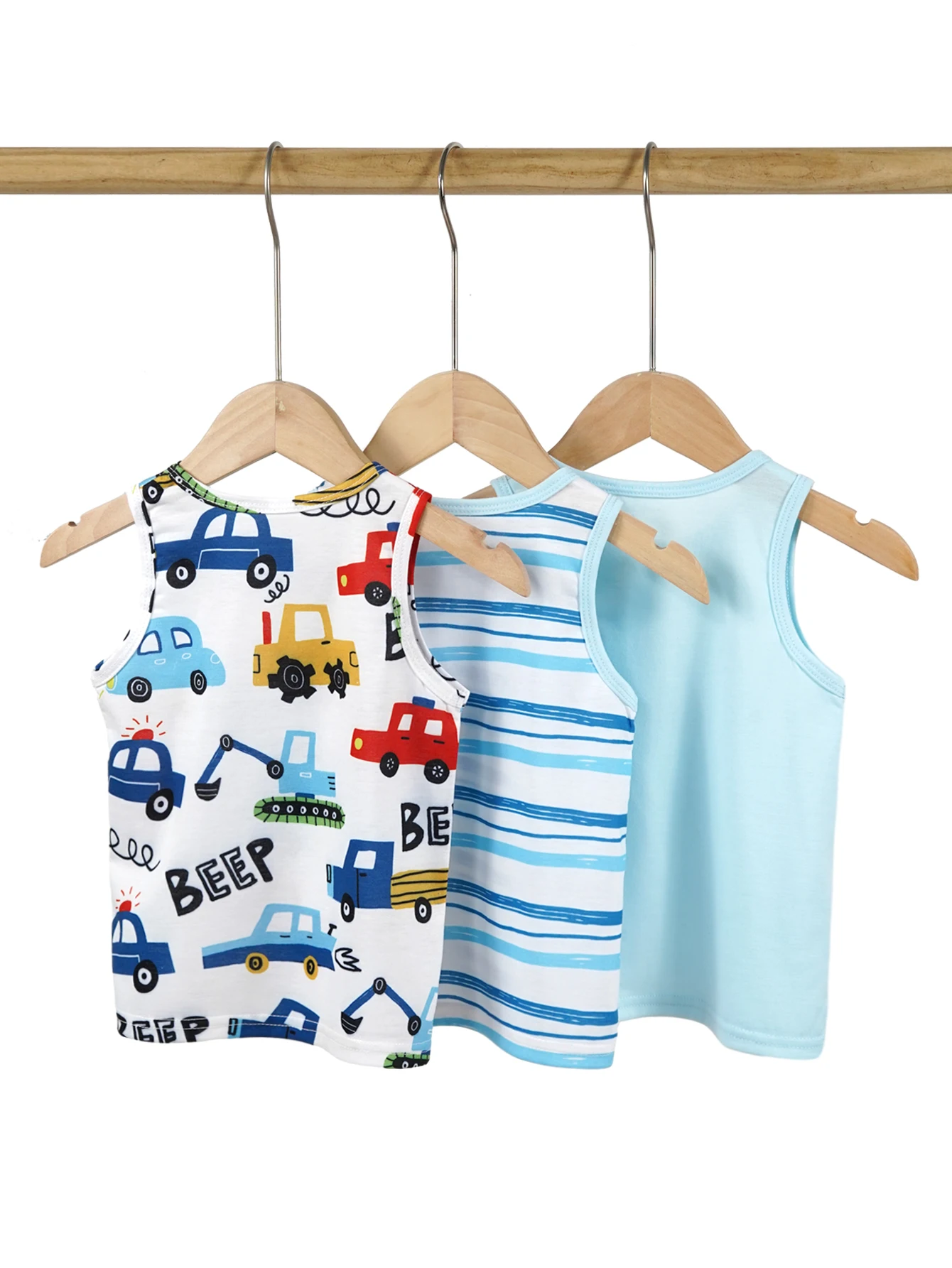 Baby Three Piece Tank Top 2024 Summer Sleeveless T-shirt for Boys Cute Cartoon Pattern Car+ Stripes+ Solid Color 3 Pcs Pajamas