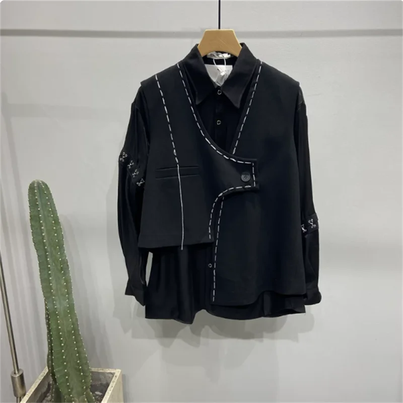 Dark Style Men's Trendy Personalized Designer Long-Sleeved Shirt - Metal Hook Closure Patchwork Top