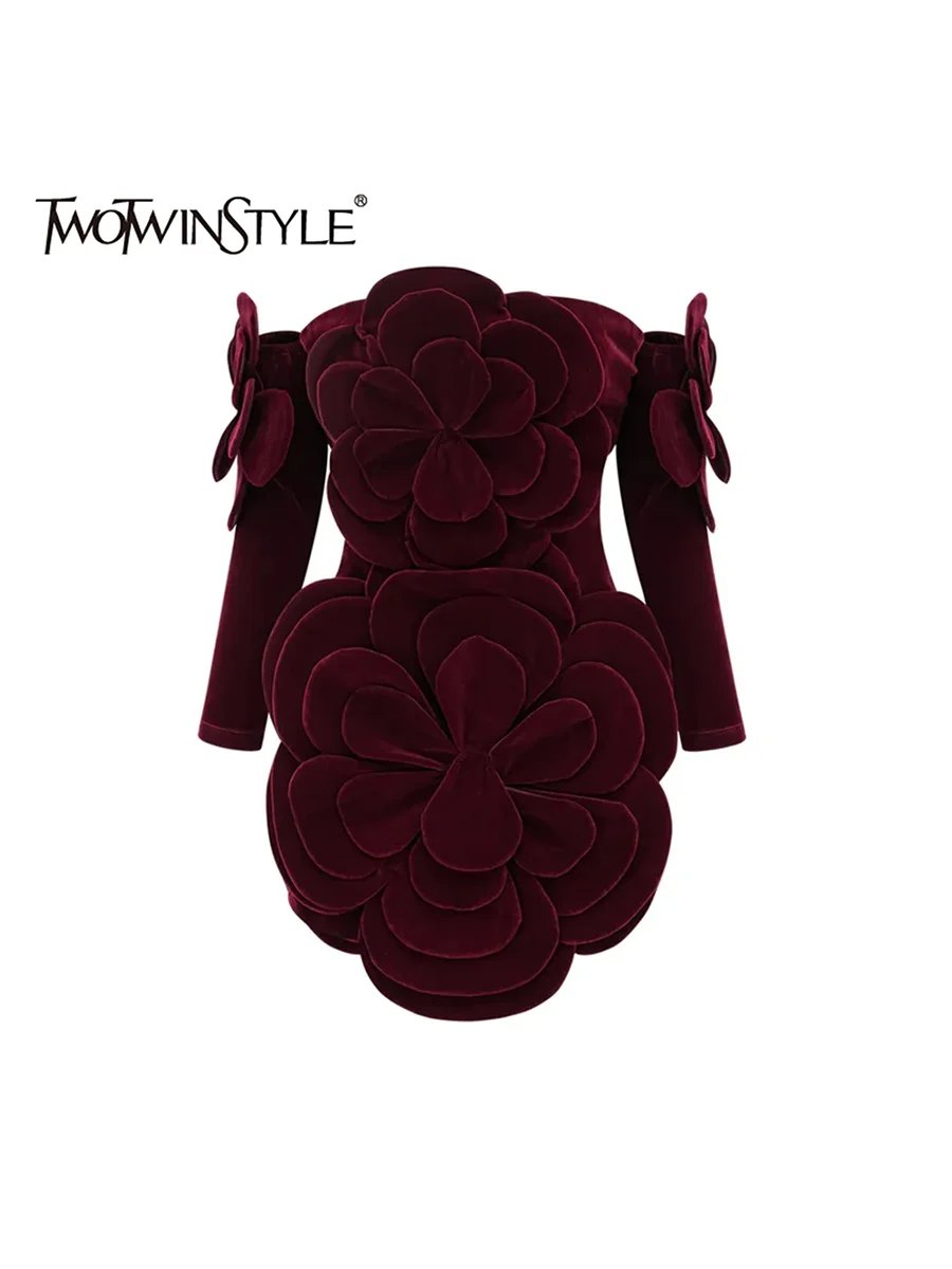 TWOTWINSTYLE Solid Spliced Appliques Mini Dresses For Women Strapless Long Sleeve Slimming Evening Party Dresses Female Fashion