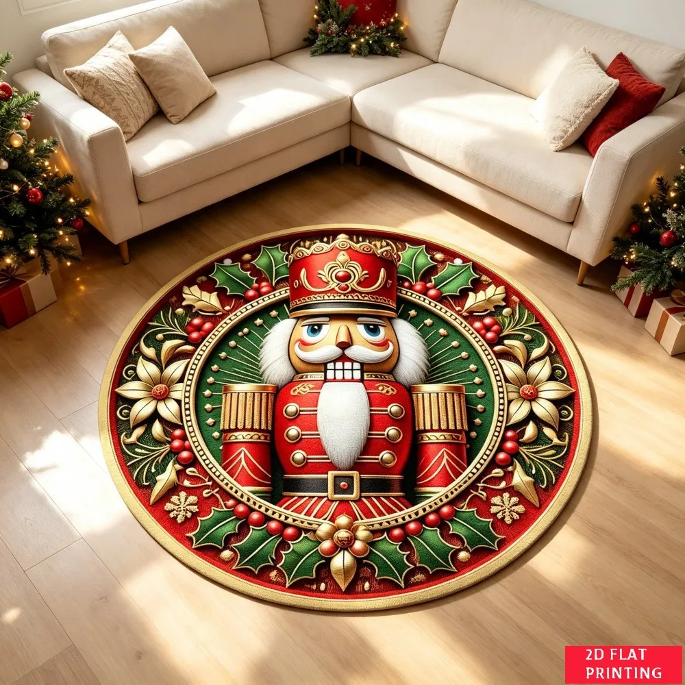 Classic Nutcracker Soldier Red Uniform Christmas Tree Round Carpet For Festive Living Room With Gold Green Ornate Border Carpet