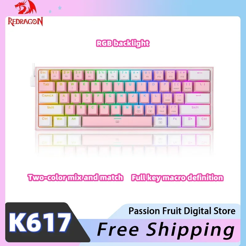 REDRAGON K617 Wired Mechanical Keyboard 61 Keys Rgb Backlight 430g Thin And Light Design Office Keyboard For Girls