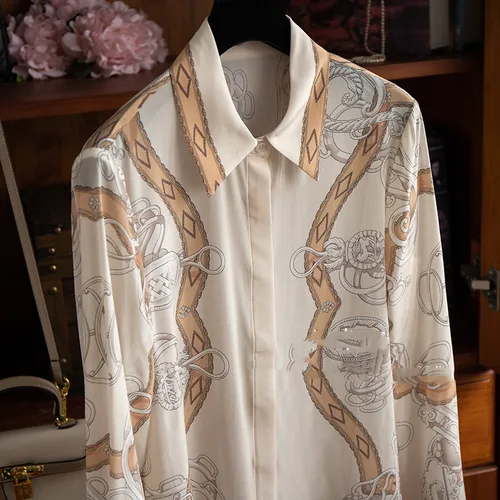 Imagen 2 del producto Camisa de seda estampada con cadena de posicionamiento para mujer, camisa de seda de morera con cuello abatible, Blusa de lujo de alta calidad