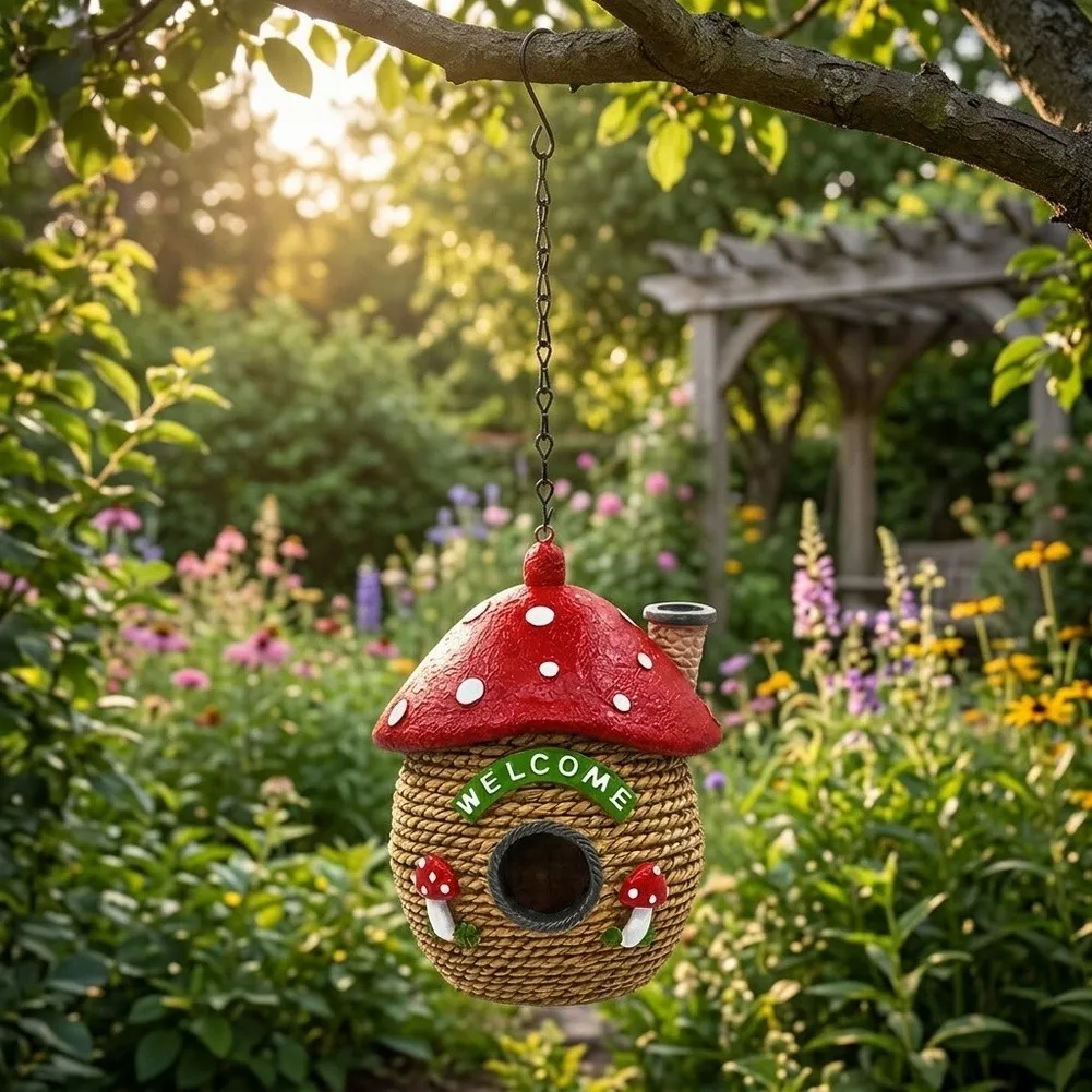 Mushroom Style Outdoor Bird Shelter with Hanging Chain Woven and Circular Opening 10 13.5 19cm Synthetic Resin Build