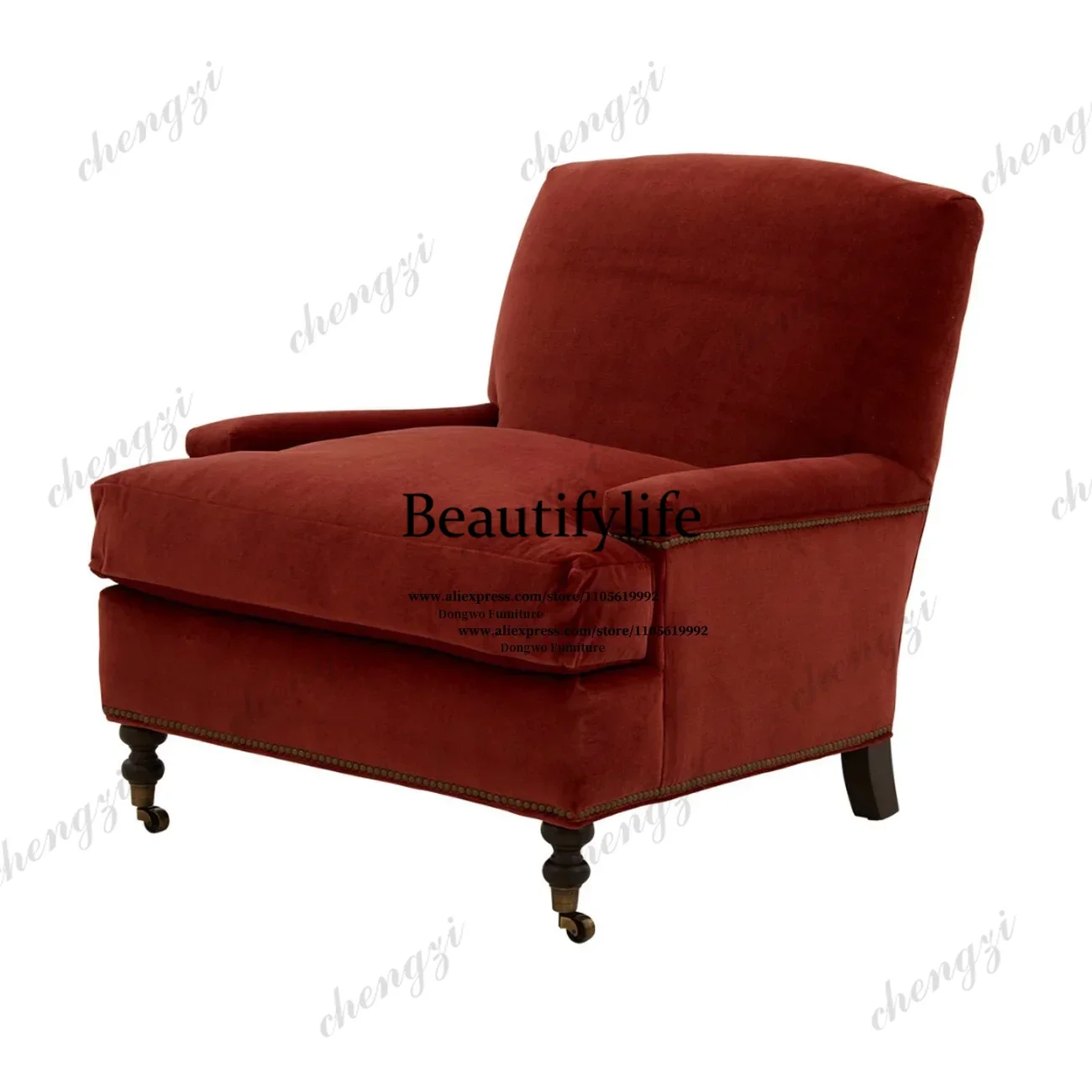 132 Retro Rusty Red Velvet Riveted Single Sofa Chair American Style with Rollers Living Room Light Luxury Leisure Armchair