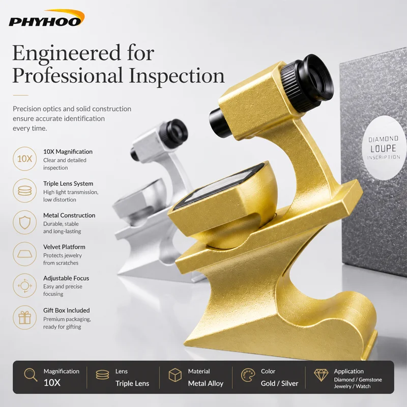 PHYHOO 10X Diamond Inscription Loupe Triple Lens System Professional Gemstone Inspection Magnifier Stand Rings Holder Gem Viewer