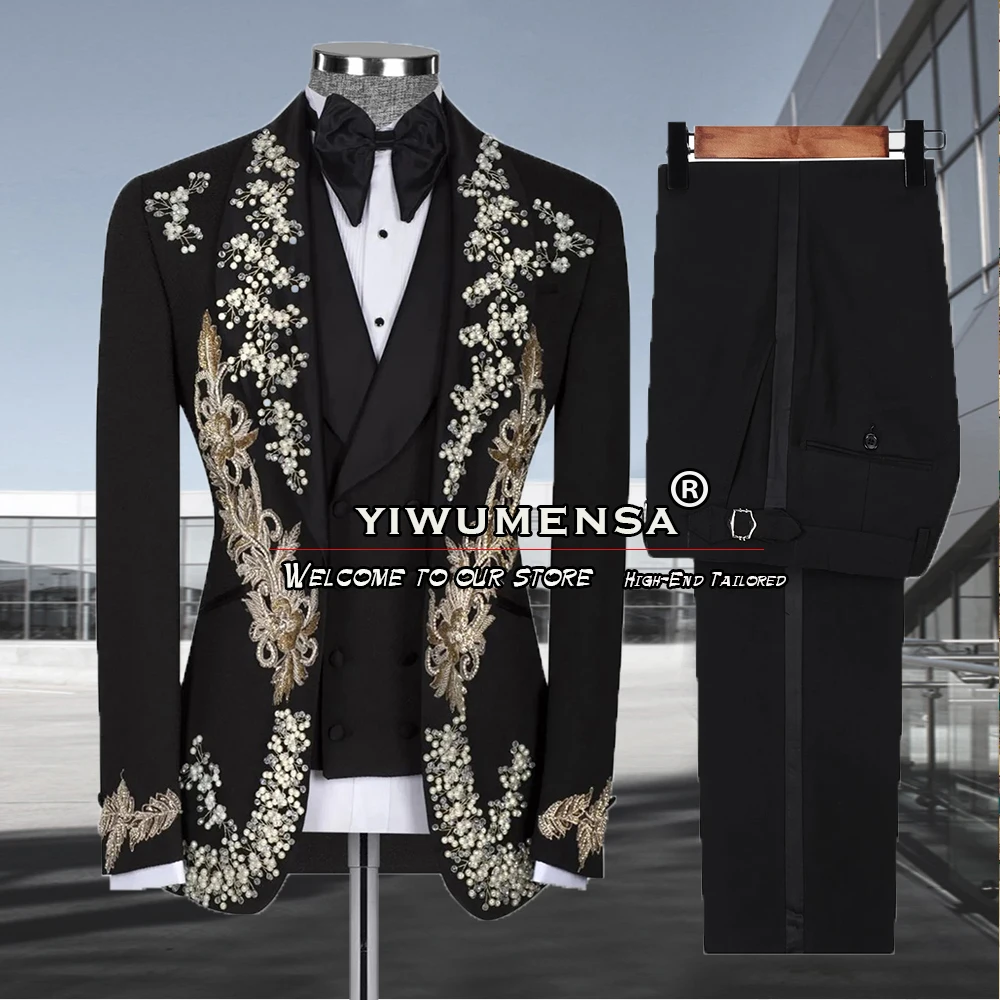 

Luxury Men's Suits Gold Appliques Beaded Blazer Vest Pants 3 Pieces Formal Wedding Tuxedo Tailore-Made Male Fashion Party Dress