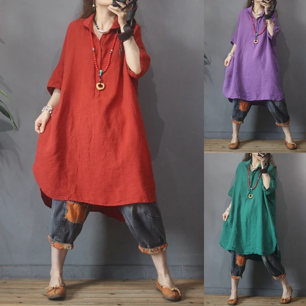 

Plus Size High-End Women's Artistic Linen irt Summer Thin Loose Mid-Sve Top Comfortable Breathable Casual Vintage Sle Faion