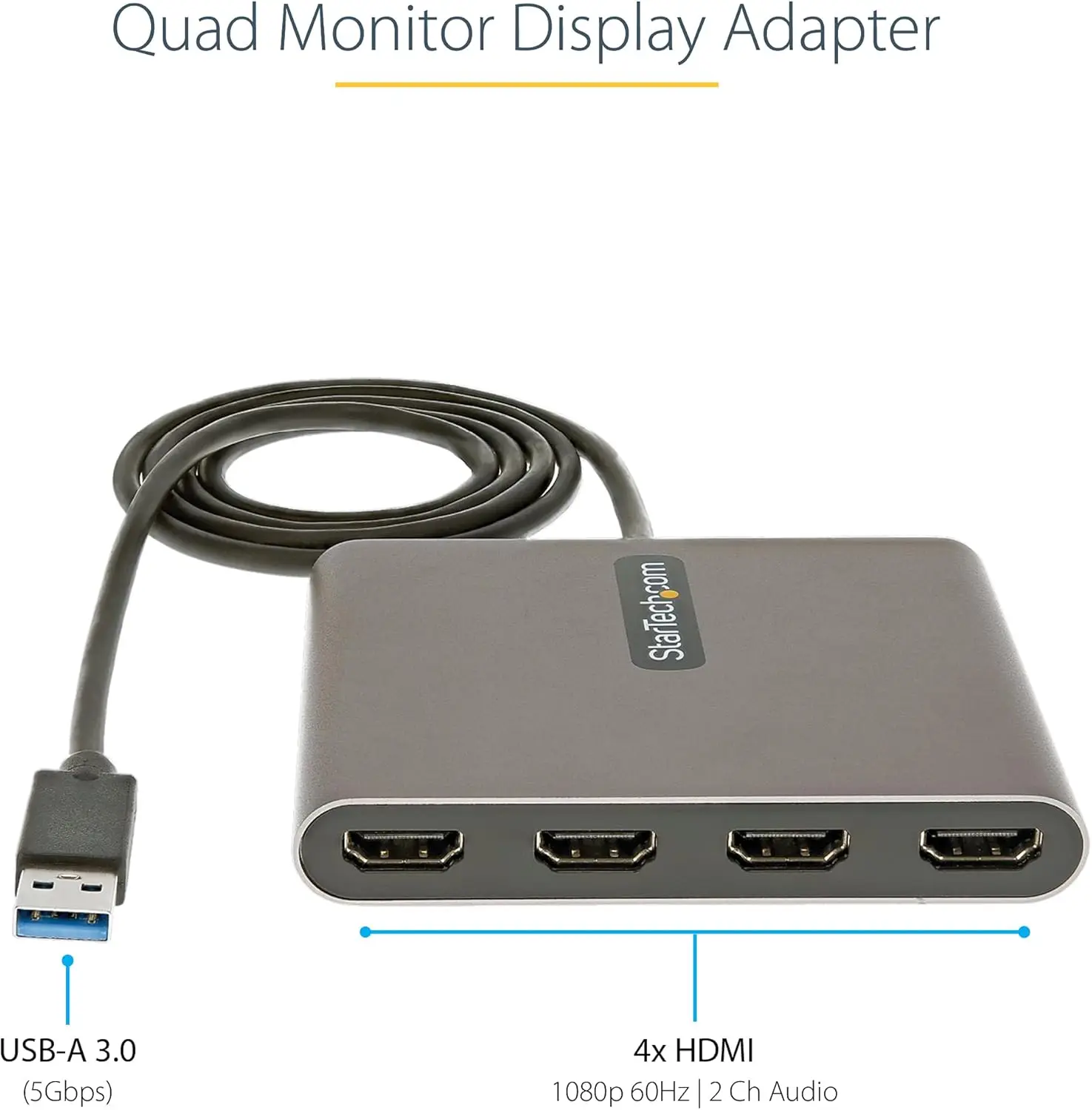 3.0 to Quad HDMI Adapter, USB to 4x HDMI Monitor Converter for Windows (no support for macOS/ChromeOS/Linux)