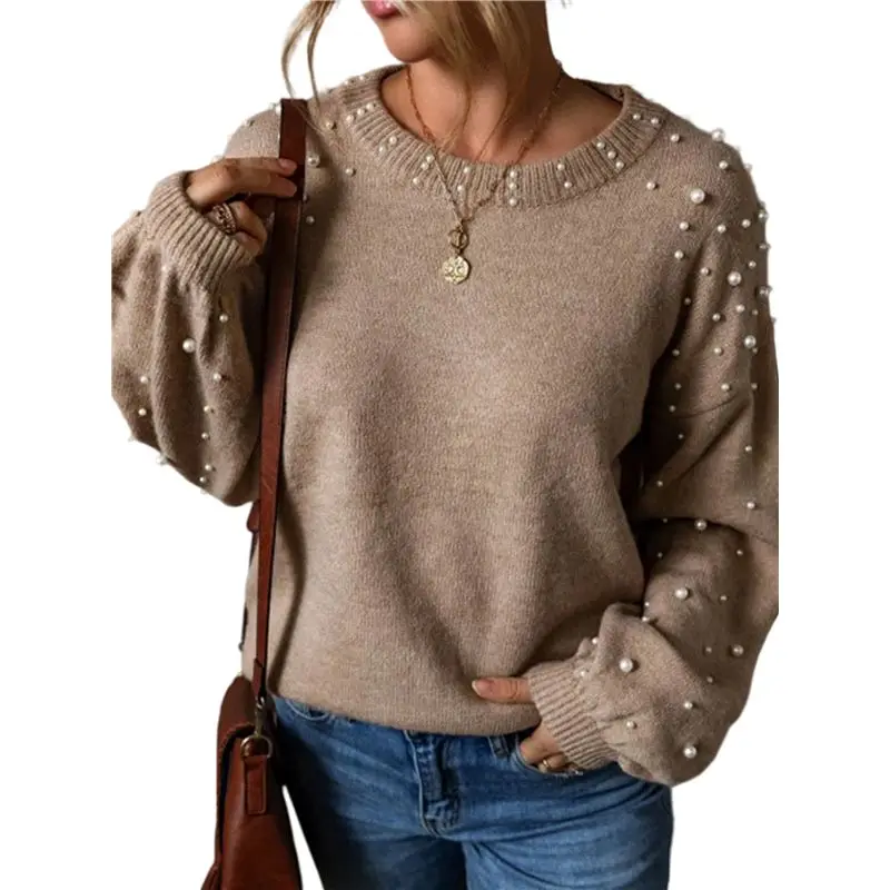

CYL-Women's Plus Size Long Sleeve Pearl Pullover Sweater Round Neck Casual Sweatshirt