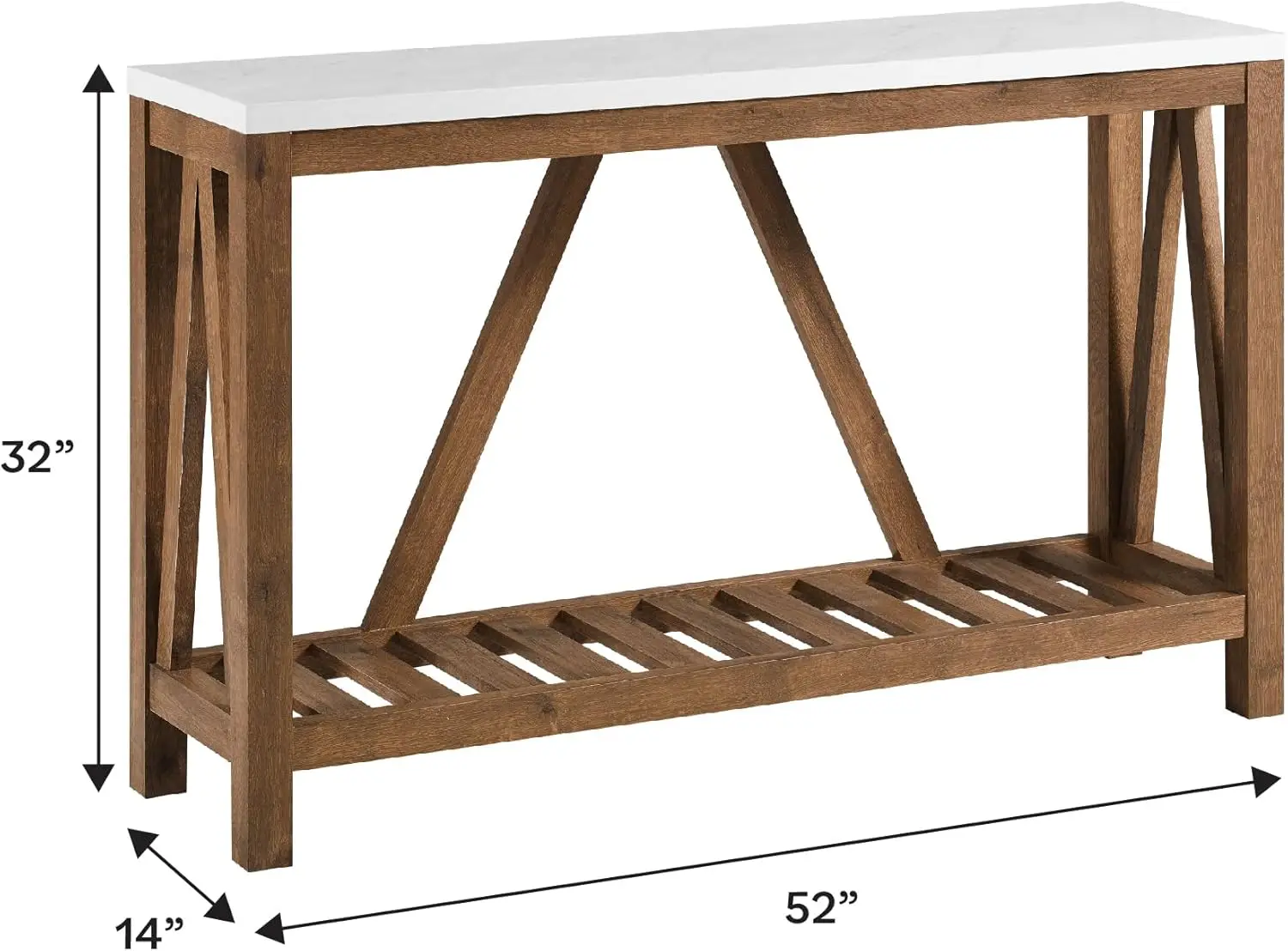 Moderne boerderijaccentbijzettafel met opbergplank aan de onderkant voor inkomhal of woonkamer, 52 inch, kleur marmer en walnoot