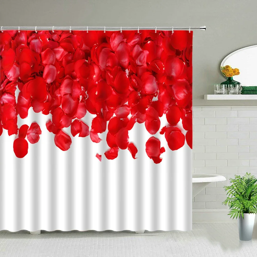Red Rose Flower Shower Curtains Set Romantic Valentine\'s day Home Decor Hanging Curtain Beautiful Floral Plant Bathroom Curtain