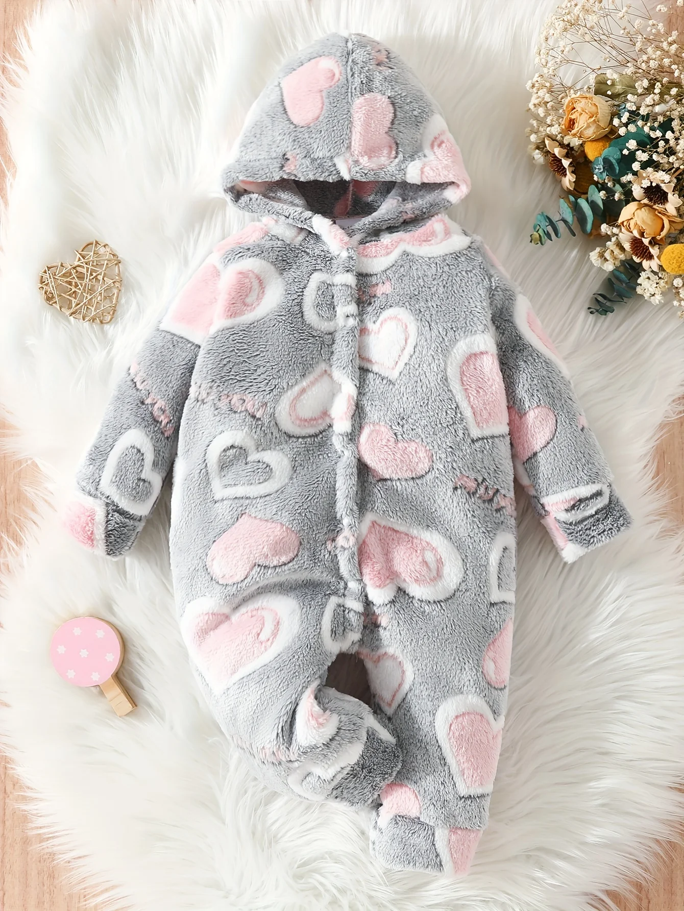 Baby love pattern plush hooded jumpsuit + Warm hooded onesie +0-2 year old baby furry autumn/winter crawling suit