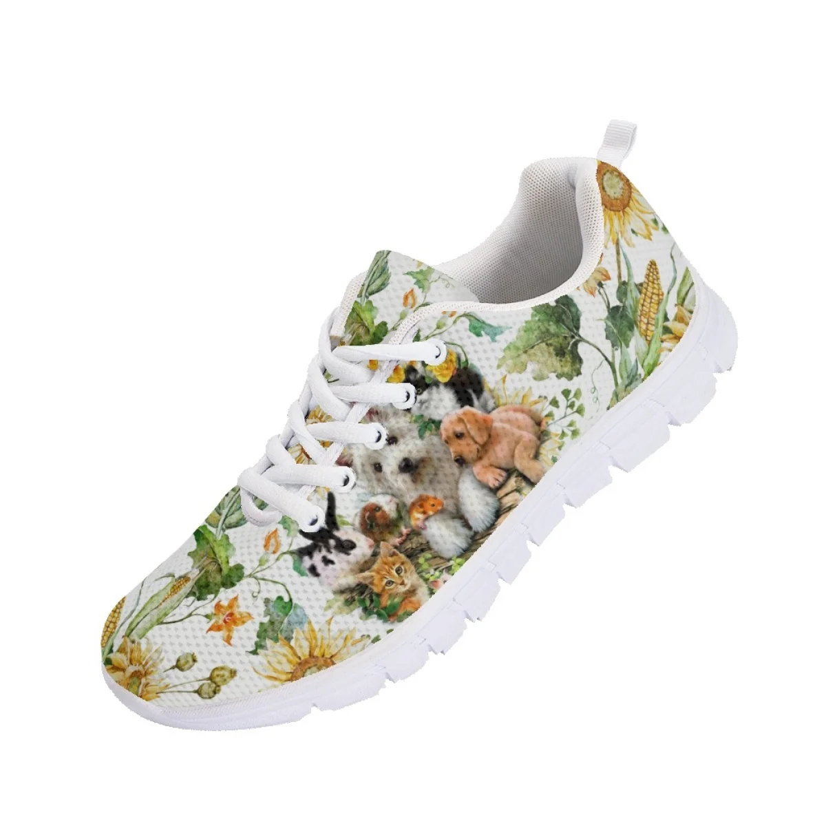 INSTANTARTS Fashion Sunflower Print Ladies Casual Sneakers 3D Dog Design Women Flat Shoes Lightweight Lace up Footwear Zapatos