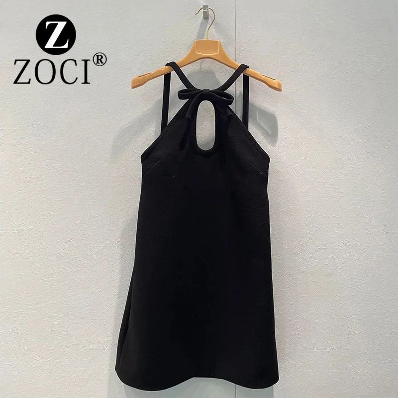 

[ZOCI] Sexy Backless Black Hanging Neck Dress, Miu Style Bow Design, Short Base Dress, Autumn