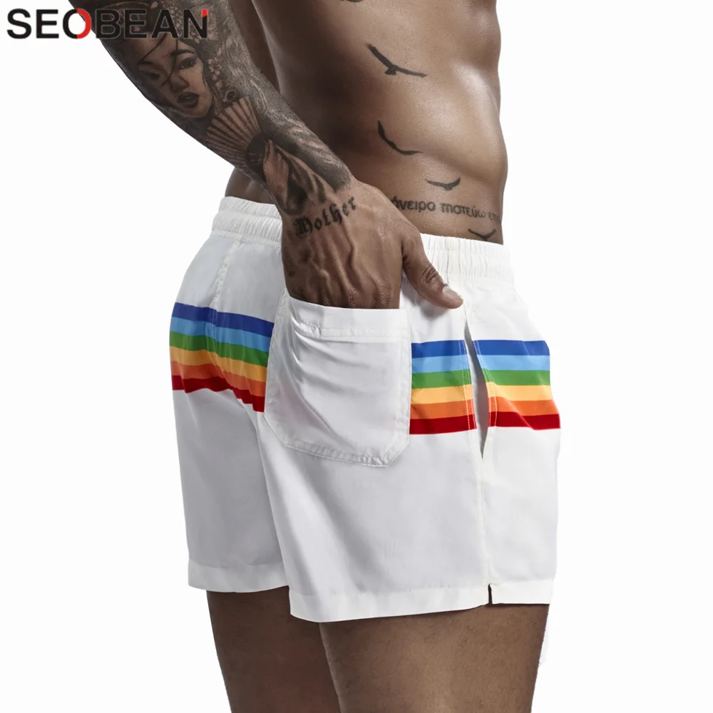 SEOBEAN Summer Men\'s Shorts 100% Polyester Quick Dry Beach Shorts Fashion Holiday Casual Board Shorts Stripes Shorts For Man