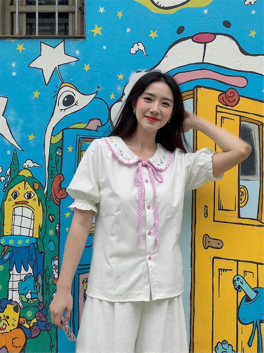 ملابس خارجية نسائية قمصان بيضاء قمصان قصيرة مضيئة نصف كم فانوس طباعة غير رسمية جماليات أزرار أمامية ملابس خروج بقصة ضيقة #1