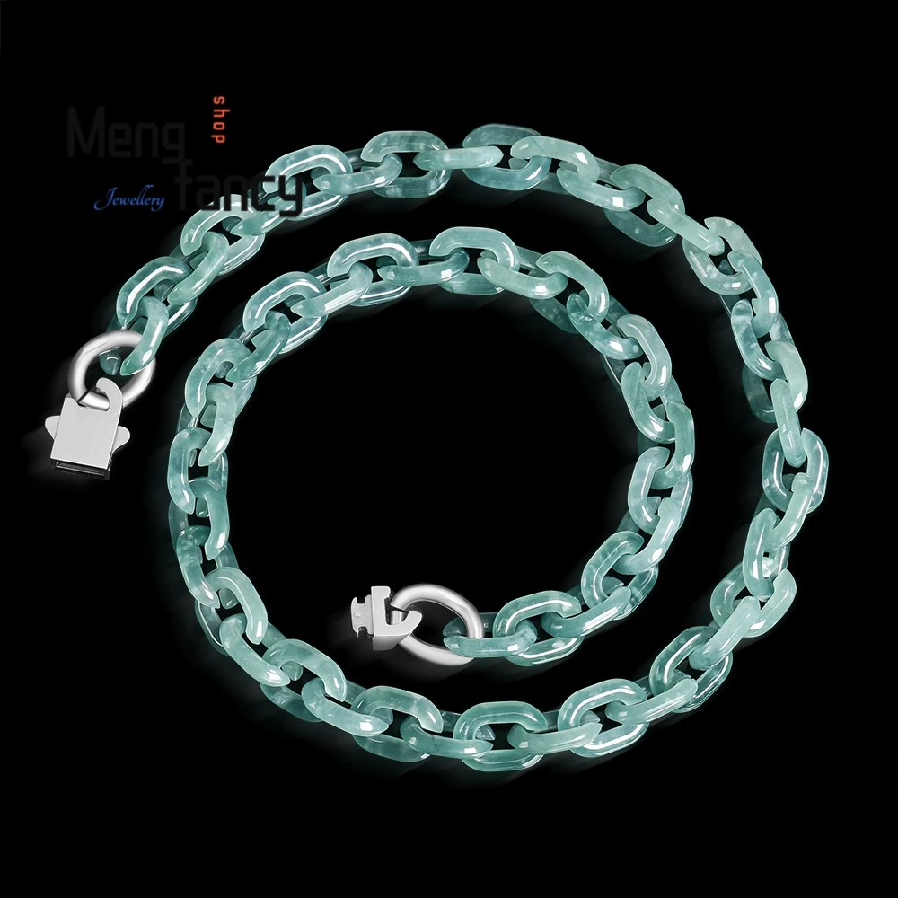 

Natural A-grade Jadeite Blue Water Cuban Cross Bracelet Jade Titanium Steel Necklace Hip hop Style Personality Exquisite Jewelry