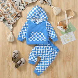 2Pcs Baby Boys Autumn Long Sleeve Blue Hooded Sweatshirt Plaid+Pant For Chinese Style Clothes Set