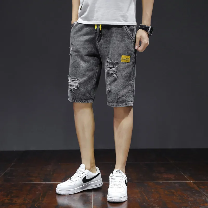 

New Men's Denim orts Summer Breathable Comfortable Trendy Loose Straight Five-Quarter Pants Korean Sle Faionable Ripped...