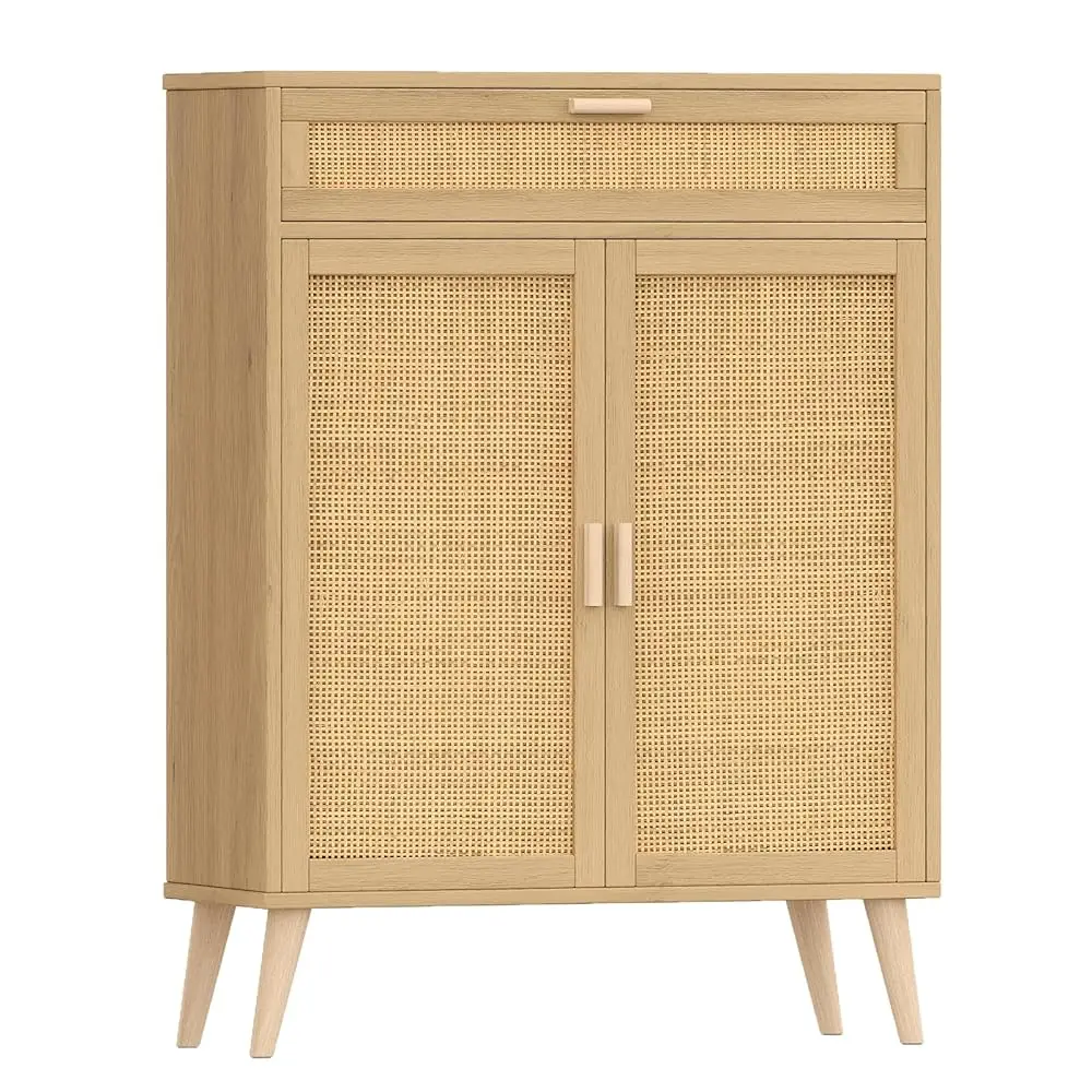 

Rattan Floor Storage Cabinet With 2 Doors, Bathroom Cabinet With Large Drawer, Freestanding Storage Cabinet Organizer, Natural