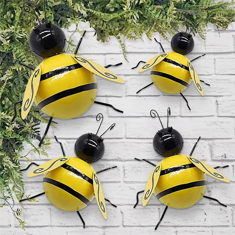 ABBN-Metal Bee Wall Decor Outdoor Garden Fence Decor 3D Bumble Bee Wall Art Decoration Bee Wall Art Sculpture Hanging, 4 Pcs - view 4
