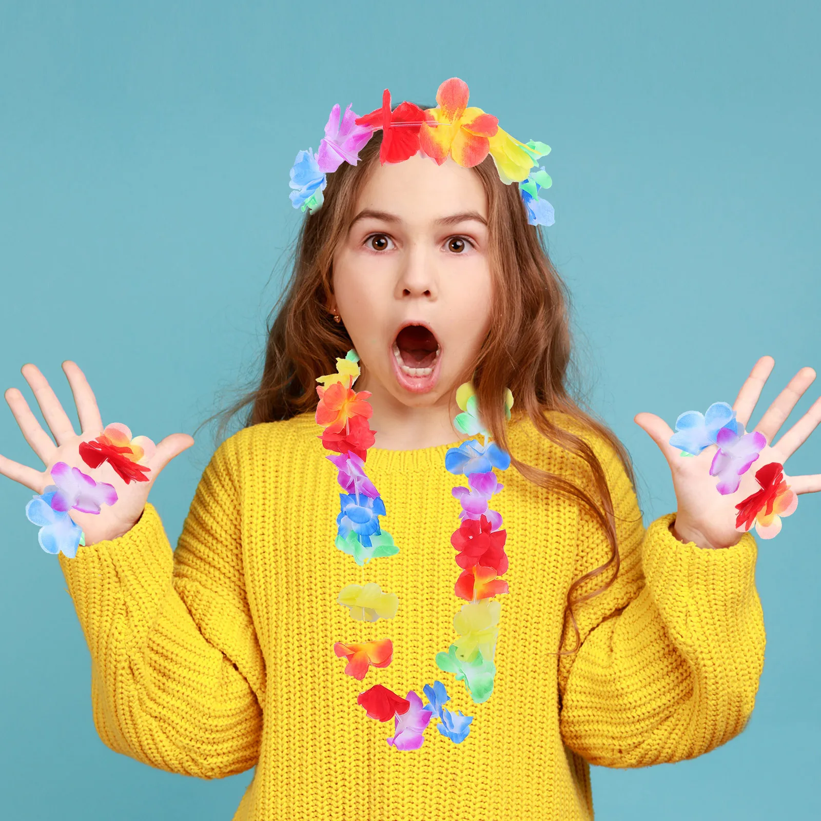 

Hawaiian Hula Skirt Set Colorful Luau Party Costume Accessories Head Hoop Bracelets Garland Kids Tropical Celebration Outfit