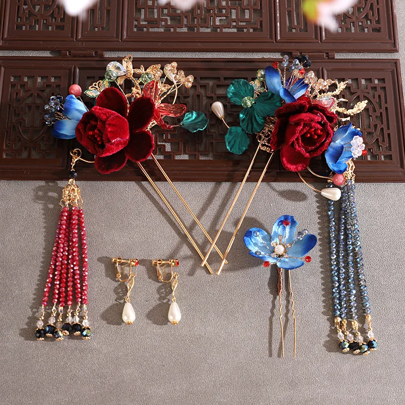 

Винтажные заколки для волос с красным цветком, китайские свадебные аксессуары для волос, повязка на голову, головной убор, украшения для головы, свадебный головной убор, булавка