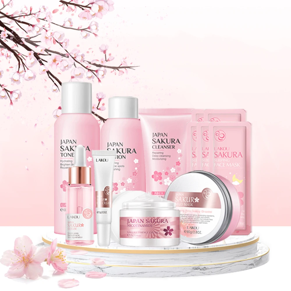 

Sakura Skin Care Set Facial Cleanser Moisturize Sleeping Mask Face Cream Dark Circles Eye Cream Mask Mud Korean Cosmetics Kit