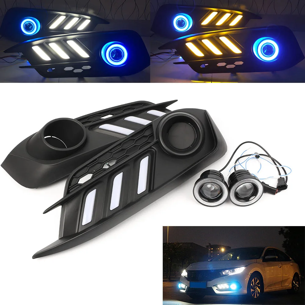 Car LED DRL Fog Light Projector+Angel Eye Kit For Honda Civic 4DR 2016 2017 2018