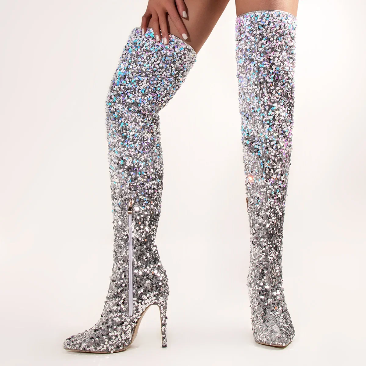 Glitter Gradual Change Sequins Sexy Over The Knee Boots Pointed Stiletto High Heel Side Zipper Women\'s Boots