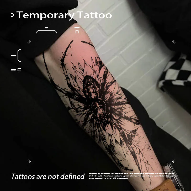 Black Ink Splash Spider Sunflower Herbal Juice Tattoo Sticker Waterproof Fake Body Tattoo Unisex Forearm Gothic Punk Body Decal
