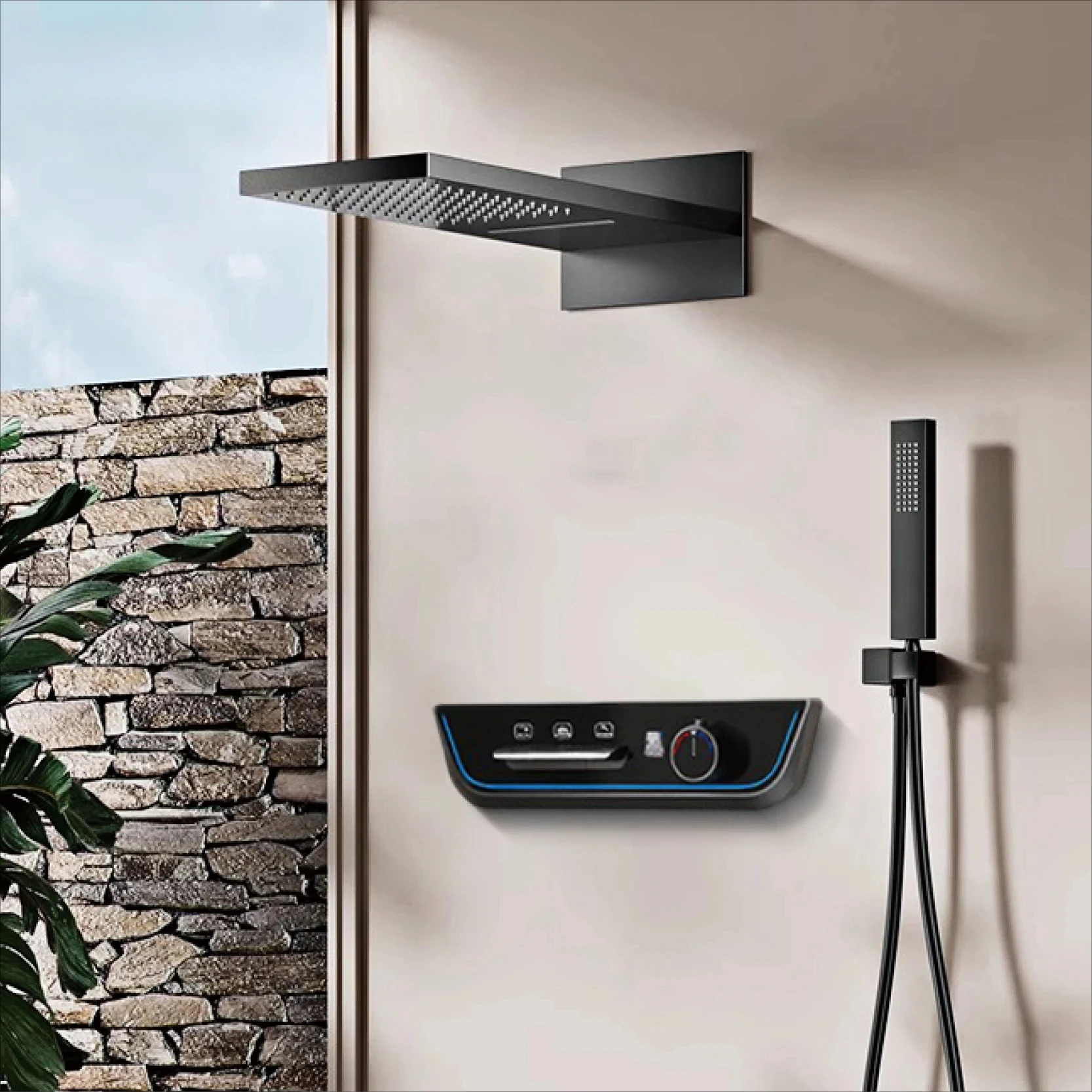 

Smart Black Brass Thermostatic LED Digital Display Wall-Mounted Concealed Shower Set Waterfall Rainfall Modern Bathroom Mixer