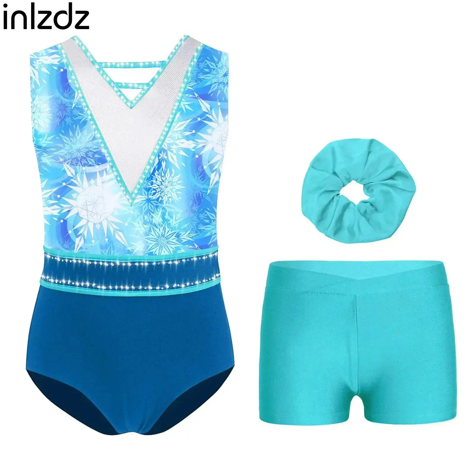 

Teens Girls Gymnastic Ballet Dance Unitard Leotard Sleeveless Rhinestone Leotard+Shorts+Hairband Suits Skating Dance Clothes