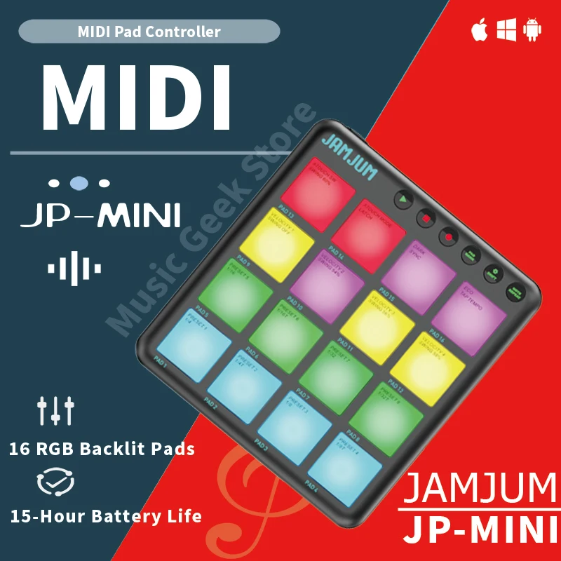 

JAMJUM JP-MINI Wireless MIDI Pad Controller, 16 RGB Pads, Bluetooth, Battery-Powered, 4 Velocity Curves, PAD Aftertouch