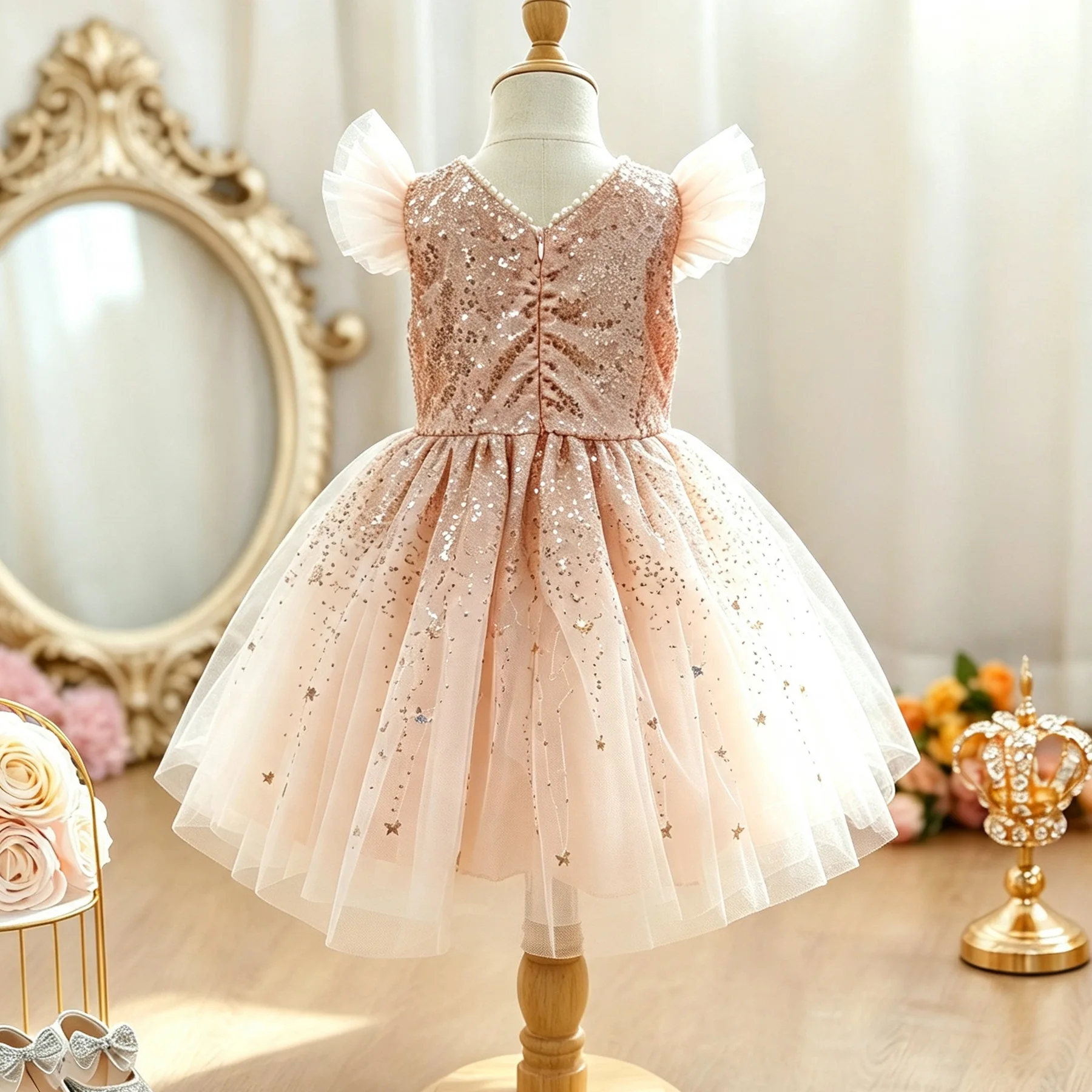 HETISO Summer Girls Sequined Party Dress Fluffy Tulle Wedding Princess Children's Birthday Gown Costumes